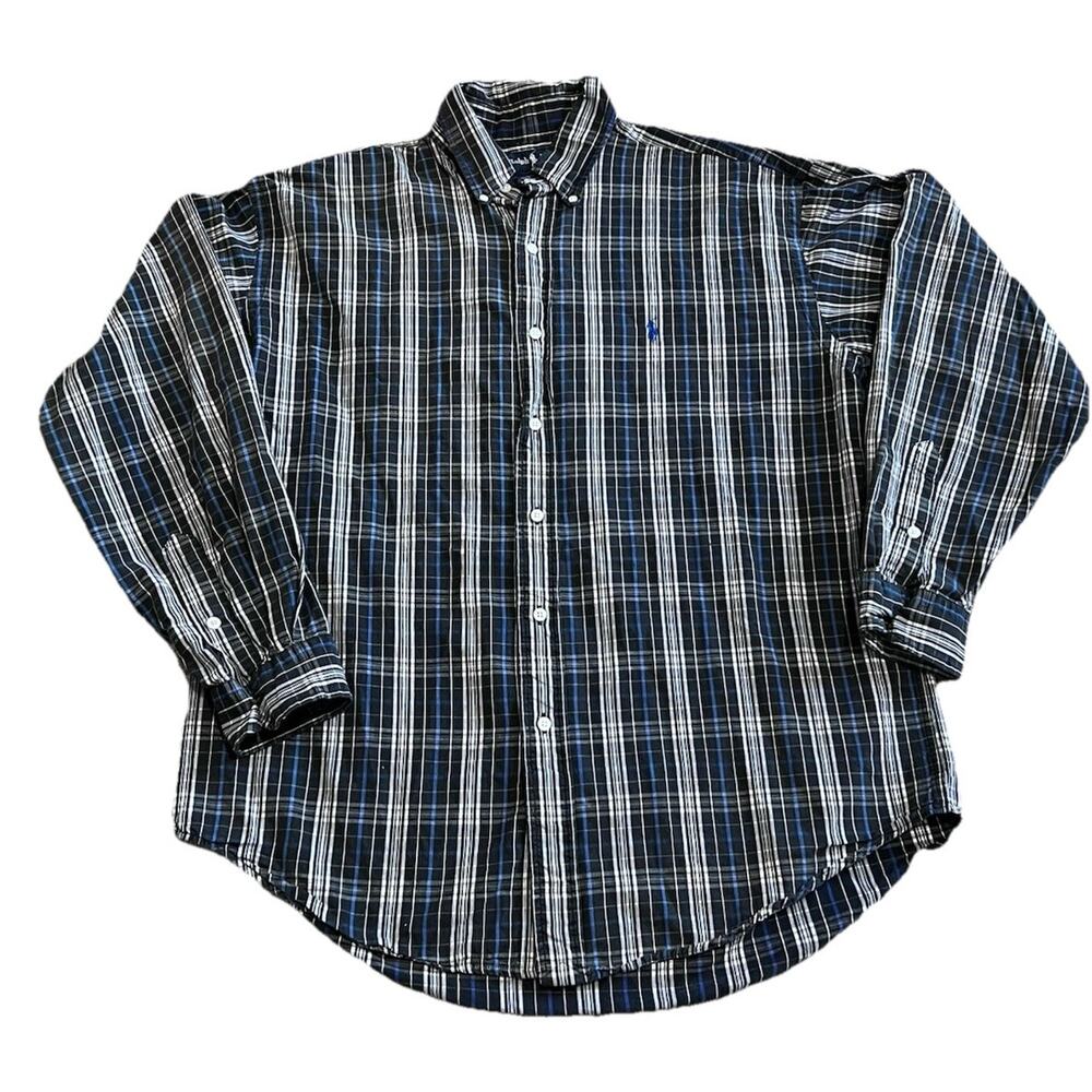 Ralph Lauren Men's Large Blaire Black Plaid Button Down Shirt Blue Pony